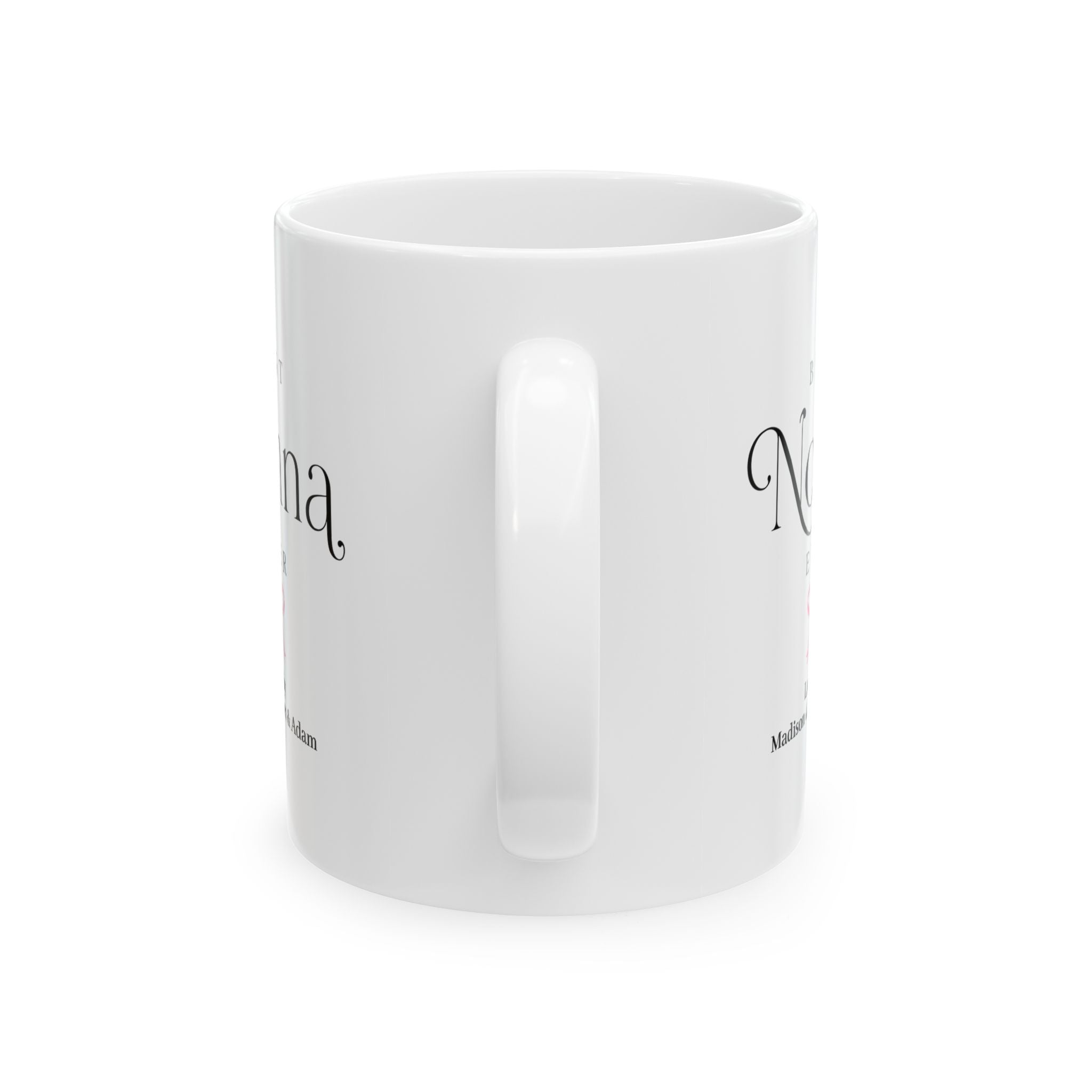 Personalized Nonna birthday gift mug in home setting - elegant white ceramic with custom grandkids names