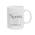 Best Nonna Ever personalized mug - elegant serif and script typography with pink coquette bow and grandkids names on white 11oz ceramic