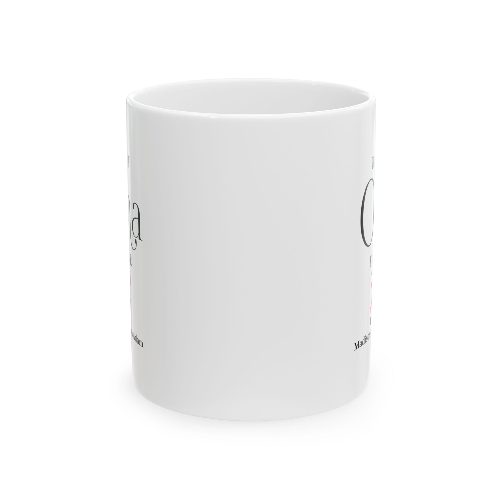 Best Oma Ever mug 11oz - white ceramic with serif script typography and pink bow for Oma gift