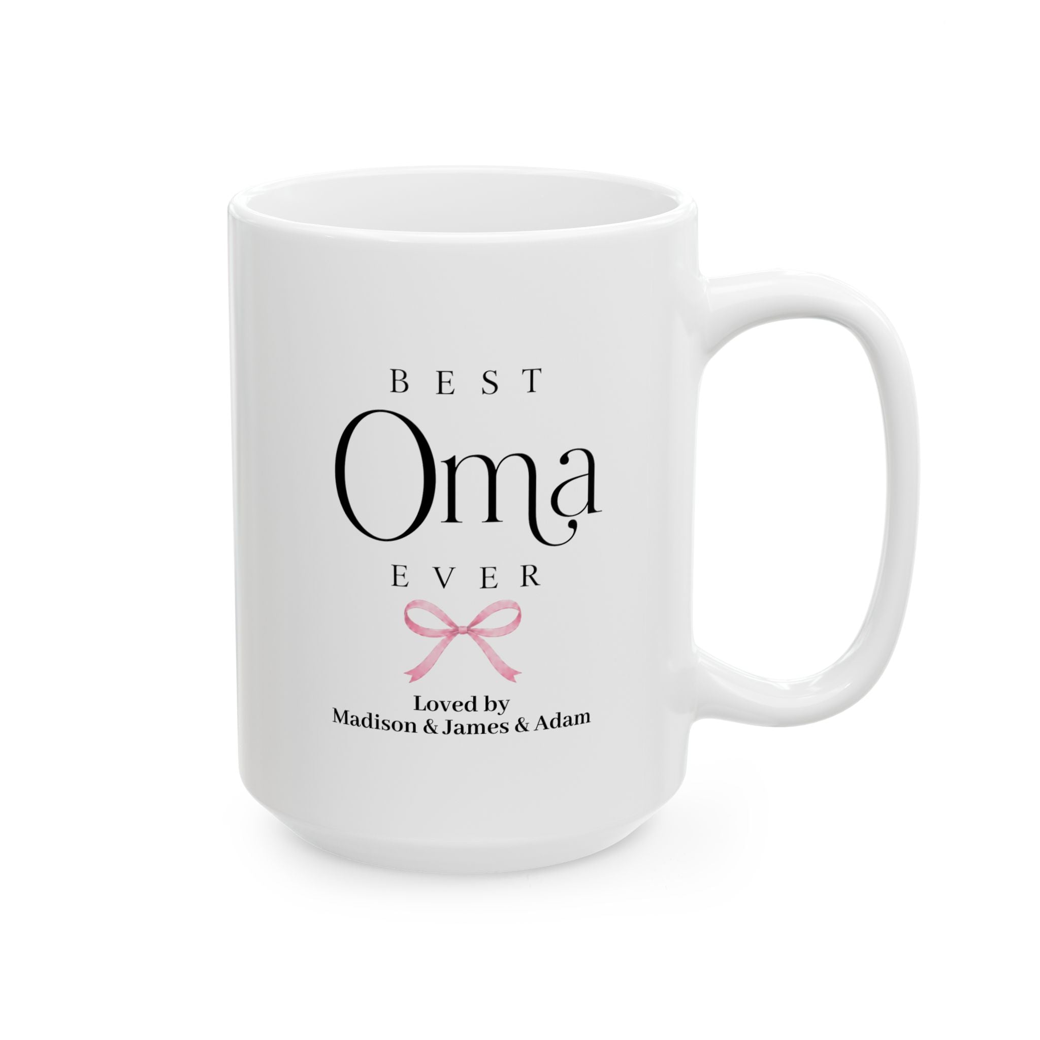 Personalized Oma mug 15oz - Best Oma Ever design with coquette bow and custom grandkids names