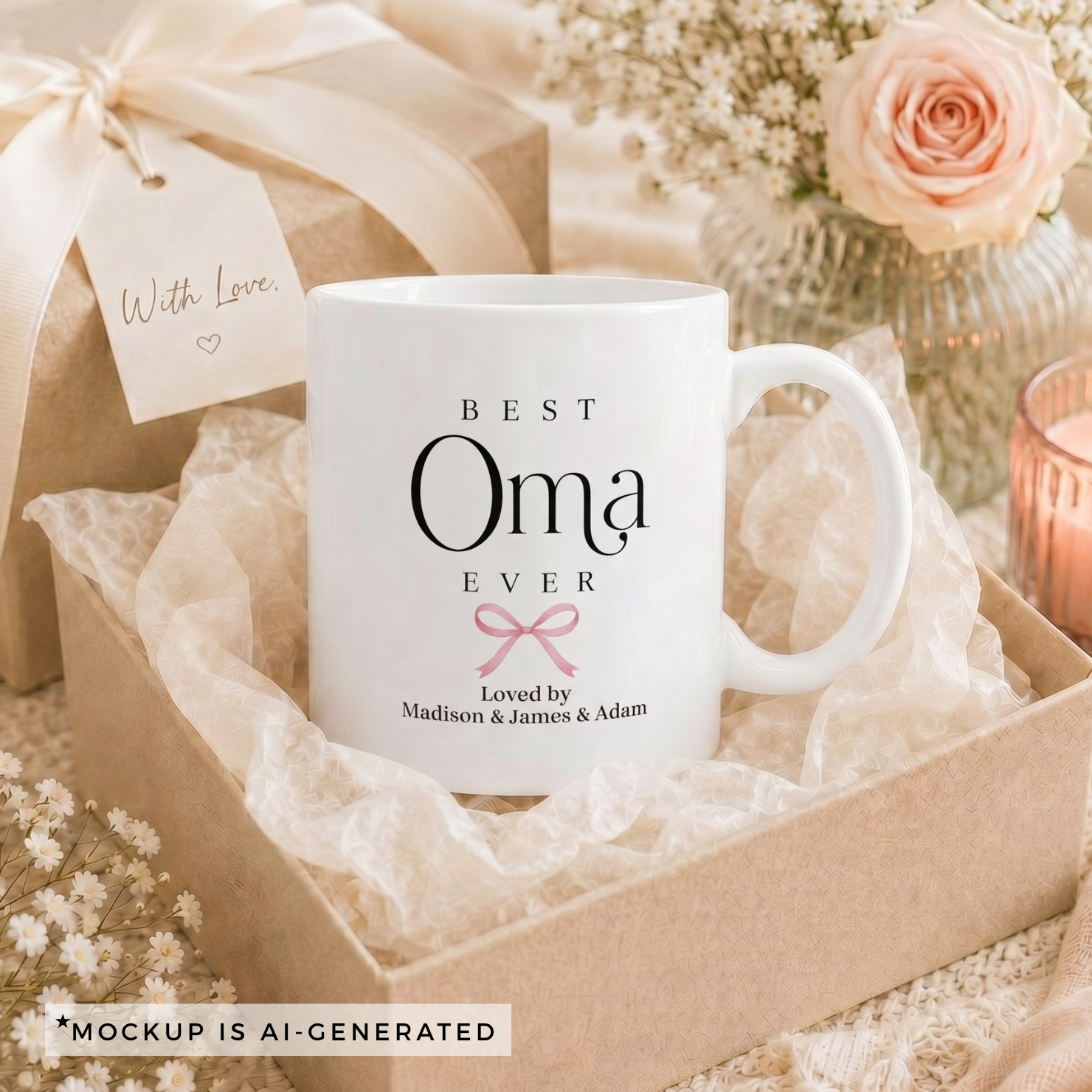 Best Oma Ever mug close-up - pink coquette bow with Loved by and grandkids names in script font