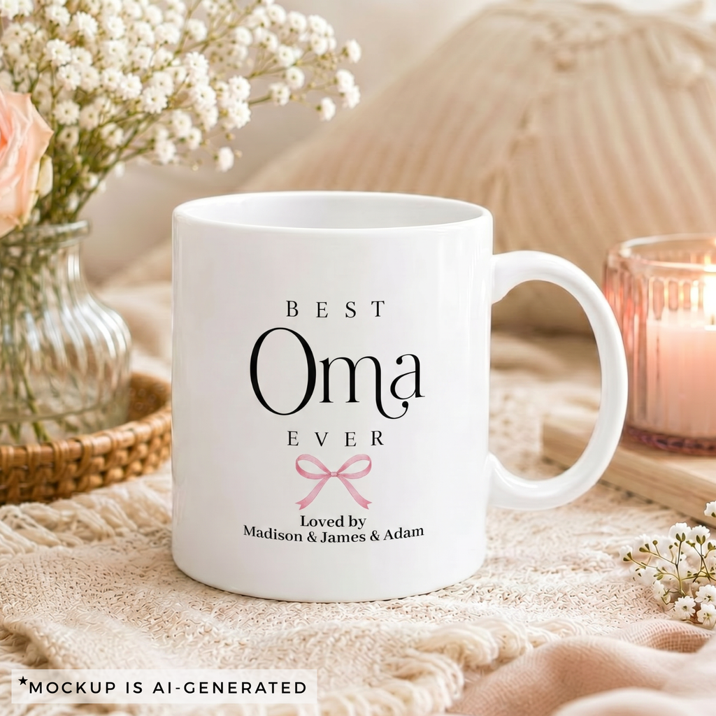 Personalized Oma mug with grandkids names - Best Oma Ever design with delicate pink bow on white ceramic