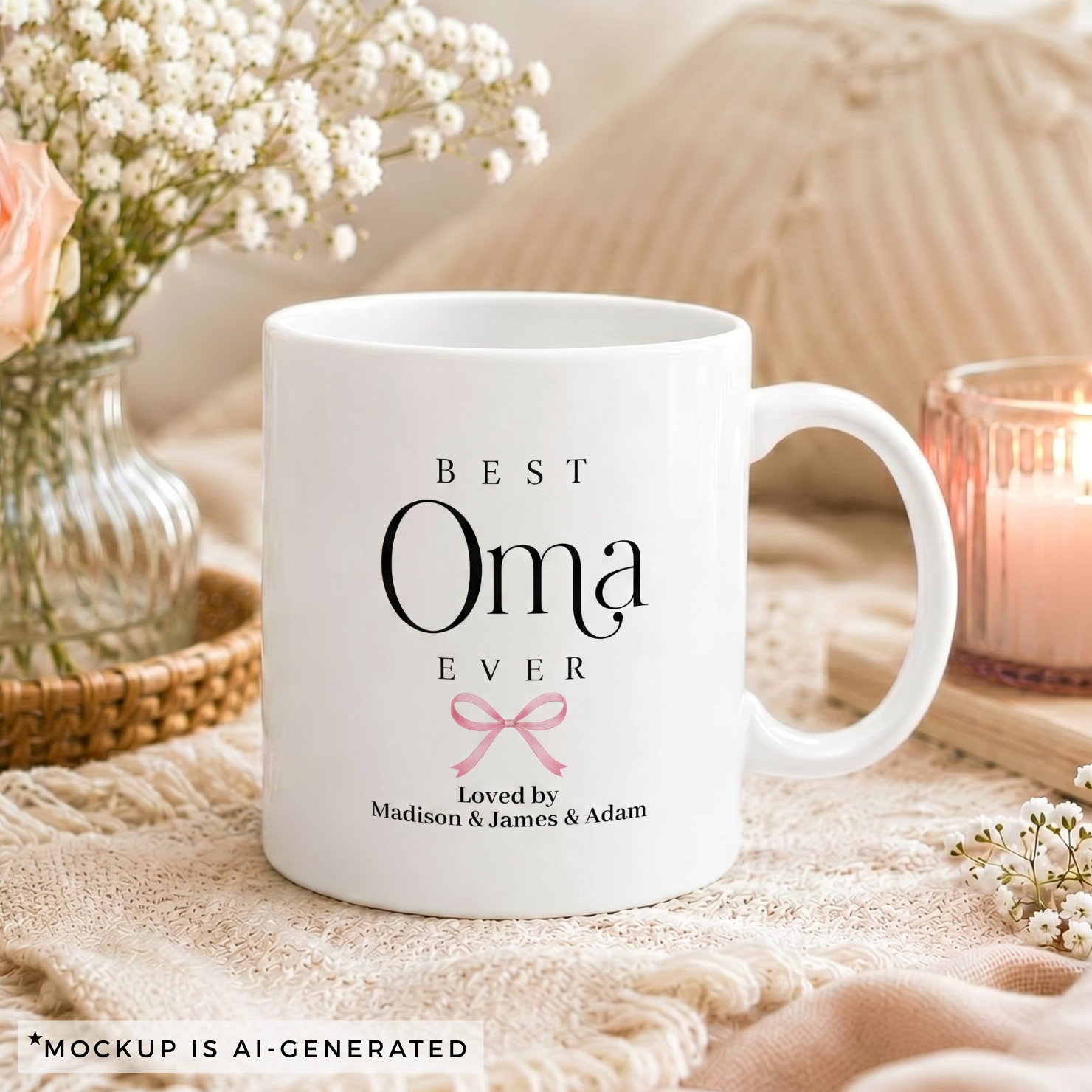 Personalized Oma mug with grandkids names - Best Oma Ever design with delicate pink bow on white ceramic