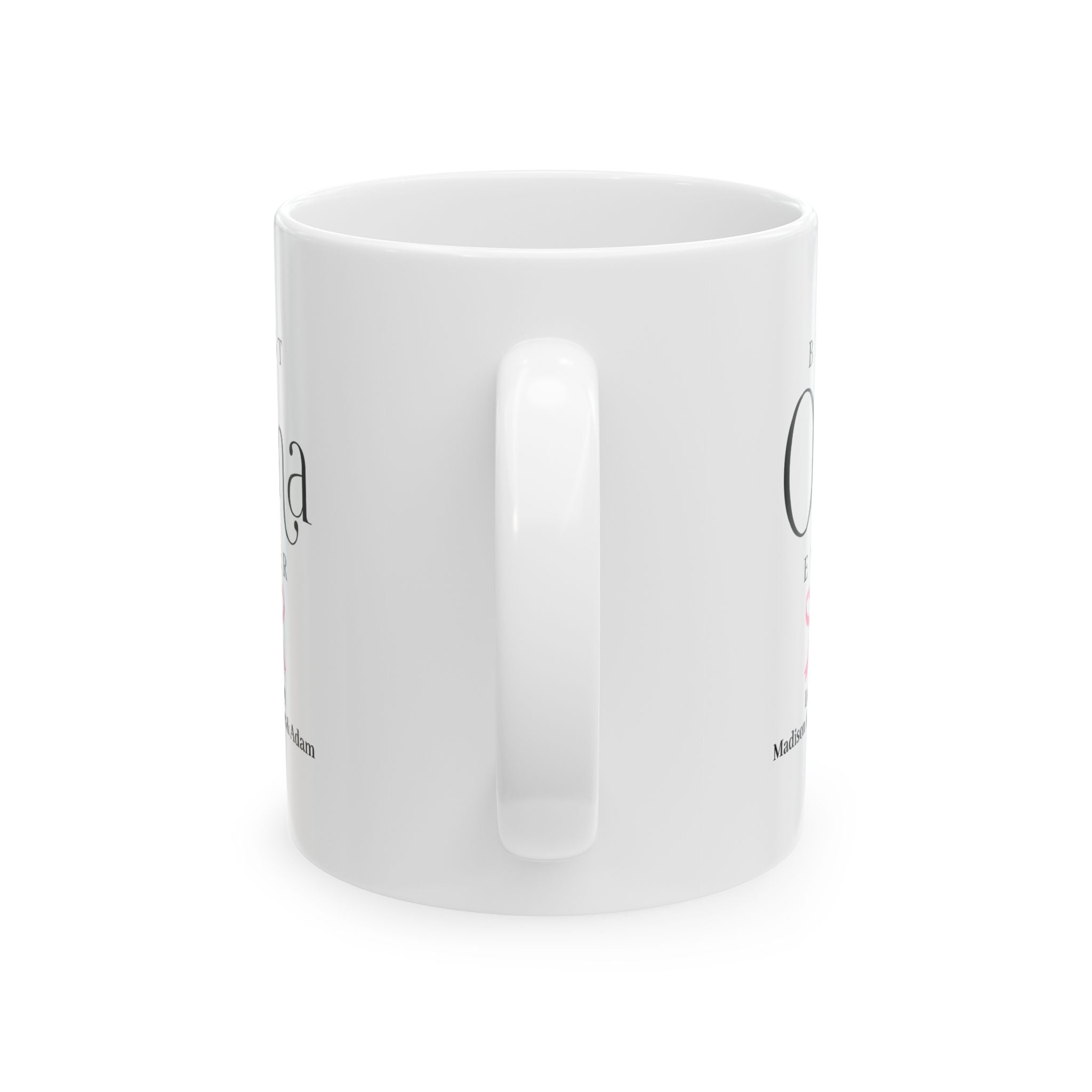 Personalized Oma birthday gift mug in home setting - elegant white ceramic with custom grandkids names