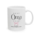 Best Oma Ever personalized mug - elegant serif and script typography with pink coquette bow and grandkids names on white 11oz ceramic