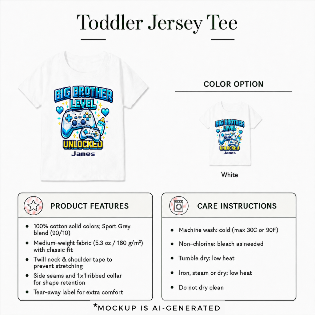 Big Brother Level Unlocked toddler shirt detail - personalized gaming sibling reveal gift for son of gamer family