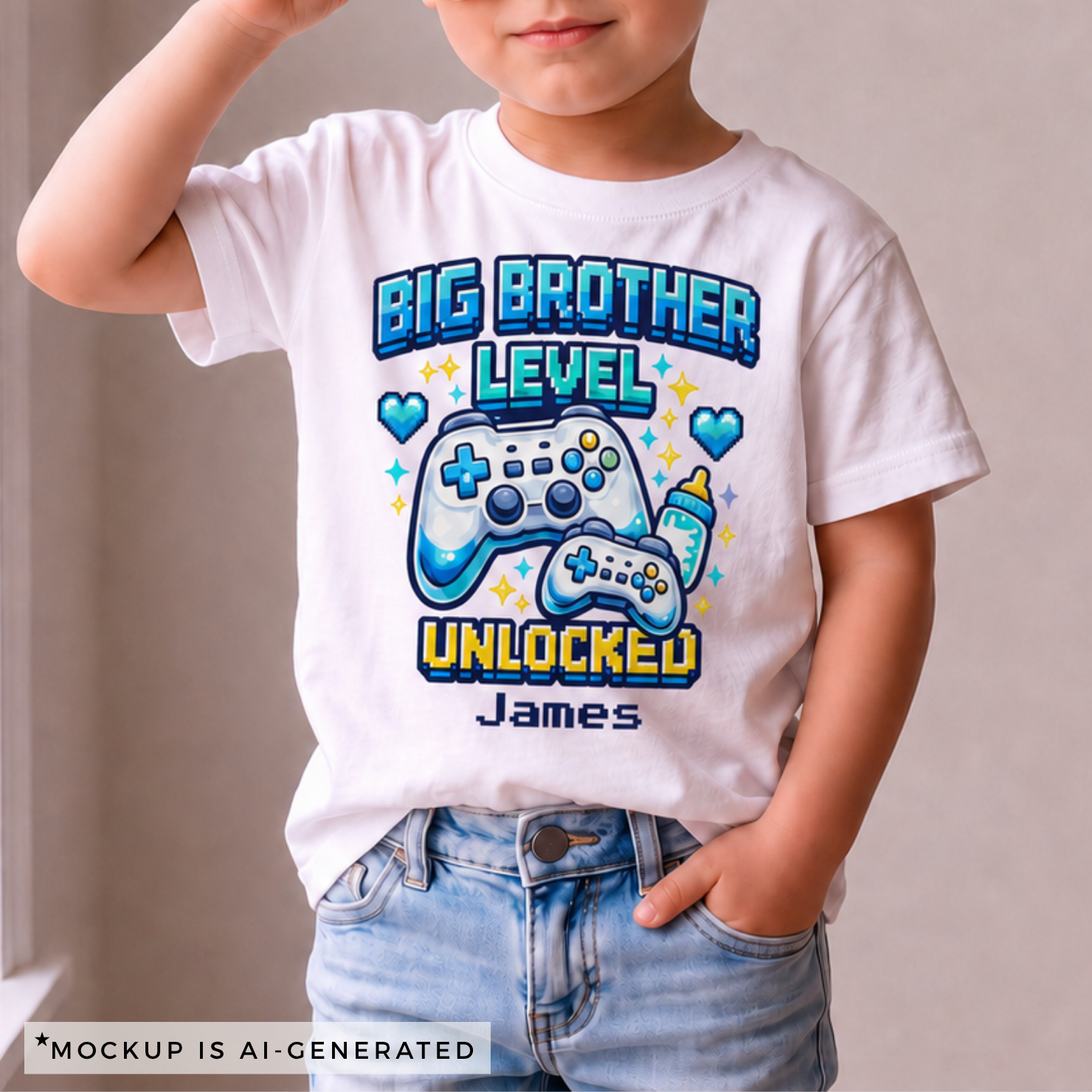 Big Brother Level Unlocked shirt flat lay in white - gaming pixel art design in blue teal with personalized name below