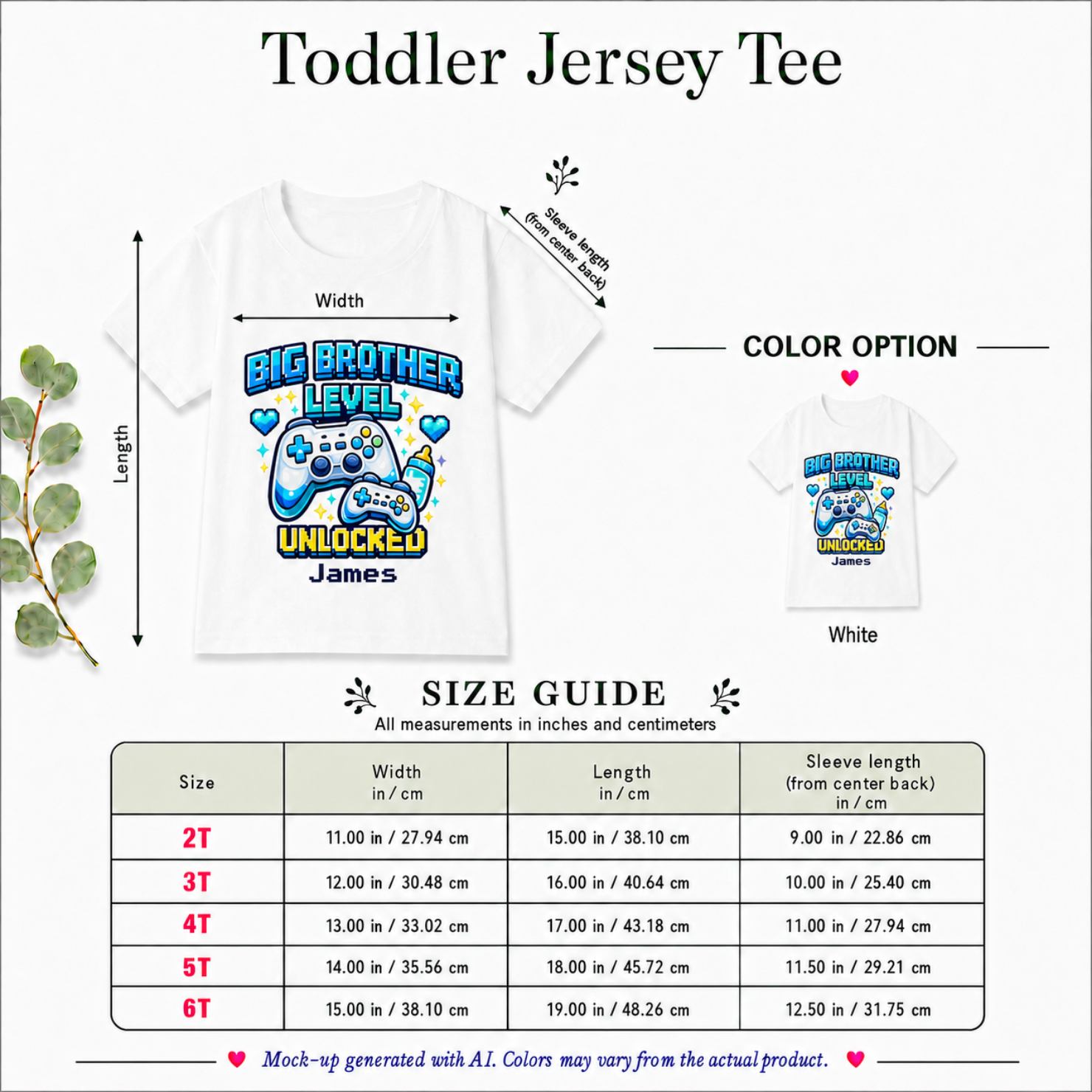 Big Brother Level Unlocked personalized shirt size guide - available in 2T 3T 4T 5T and 6T in white