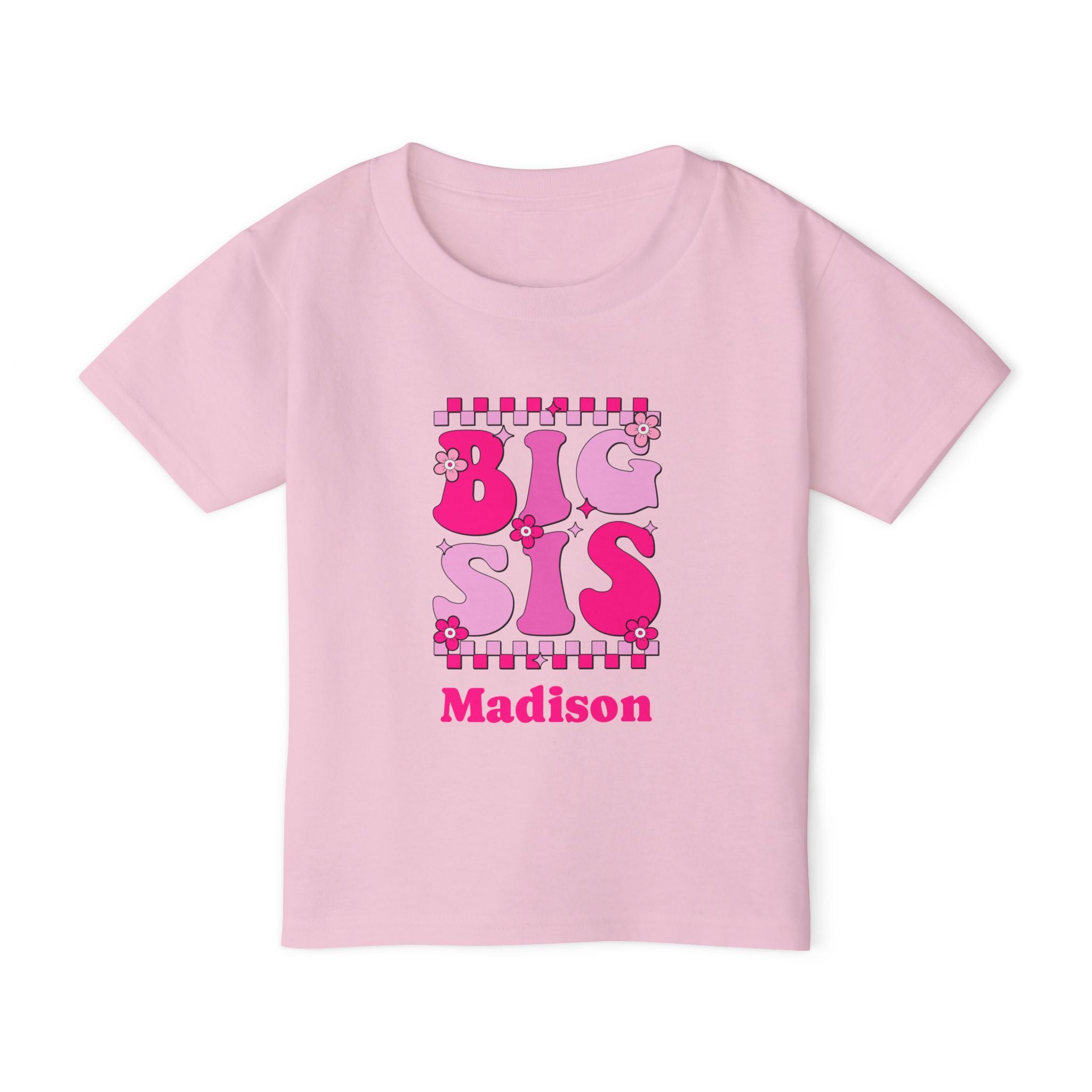 Close-up of Big Sis retro groovy shirt design - chunky hot pink and light pink letters with checkered border and flowers
