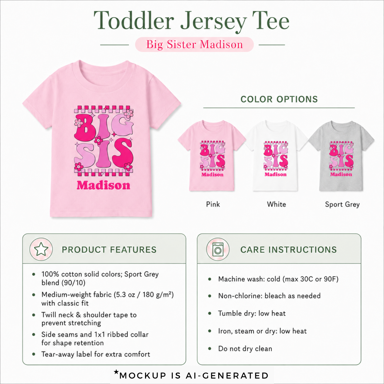 Personalized Big Sis groovy toddler t-shirt detail - bold retro design pregnancy announcement gift with custom name
