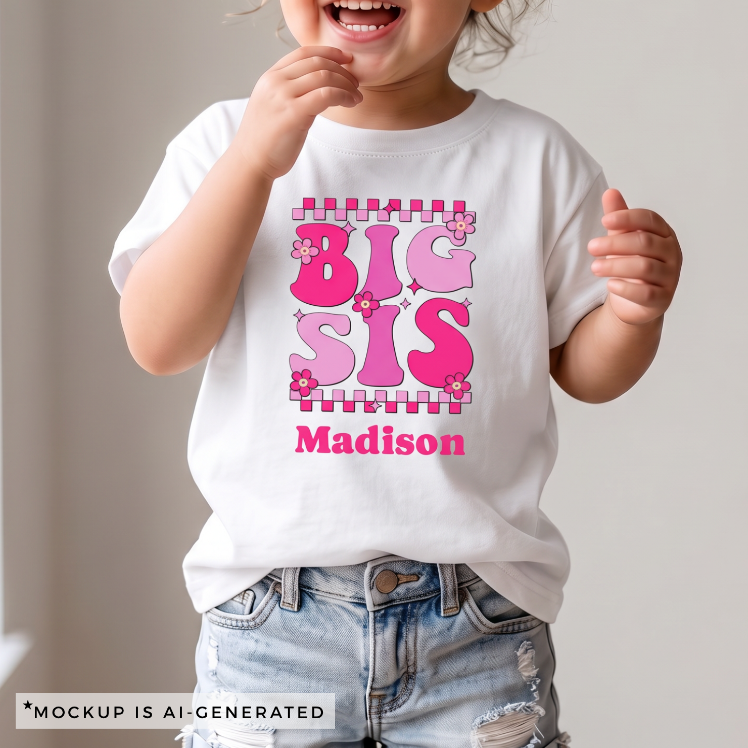 Big Sis groovy personalized shirt flat lay in white - chunky pink letters in checkered border with personalized name