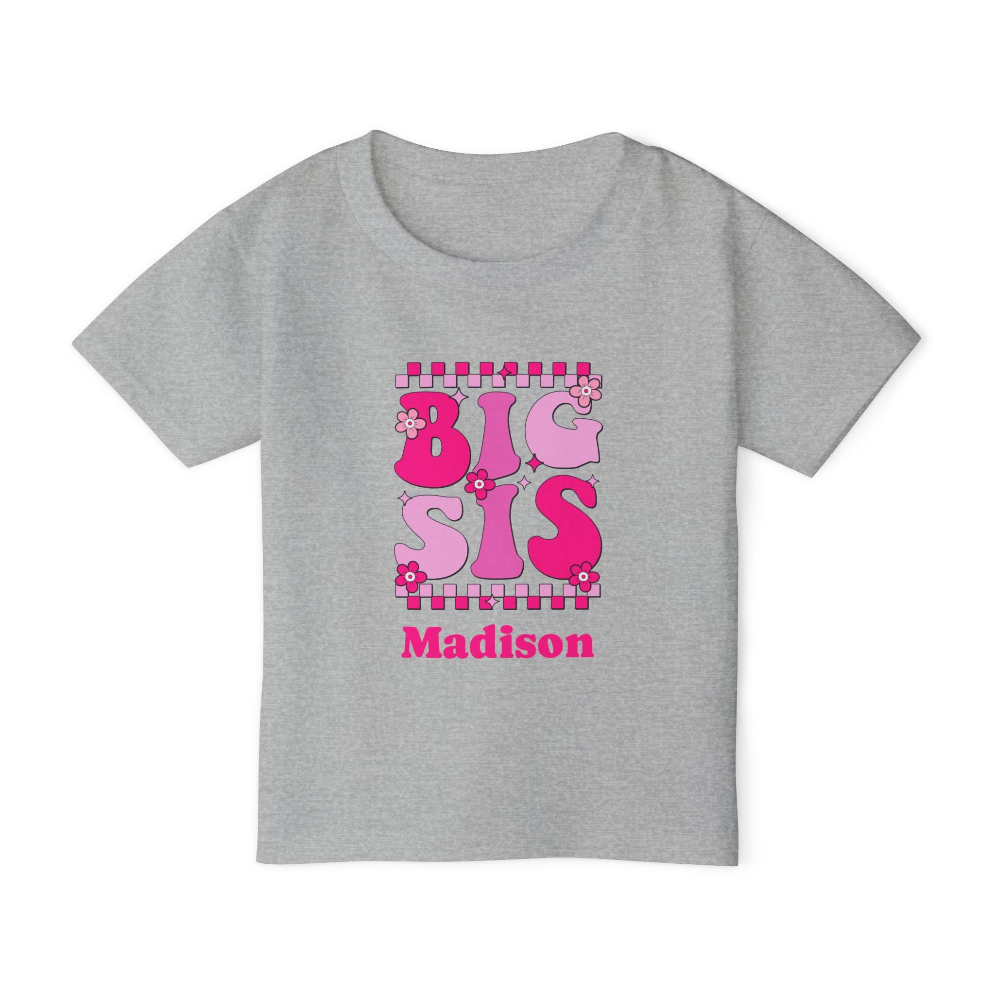 Personalized Big Sis shirt in sport grey - retro groovy pink design pregnancy announcement or sibling reveal gift
