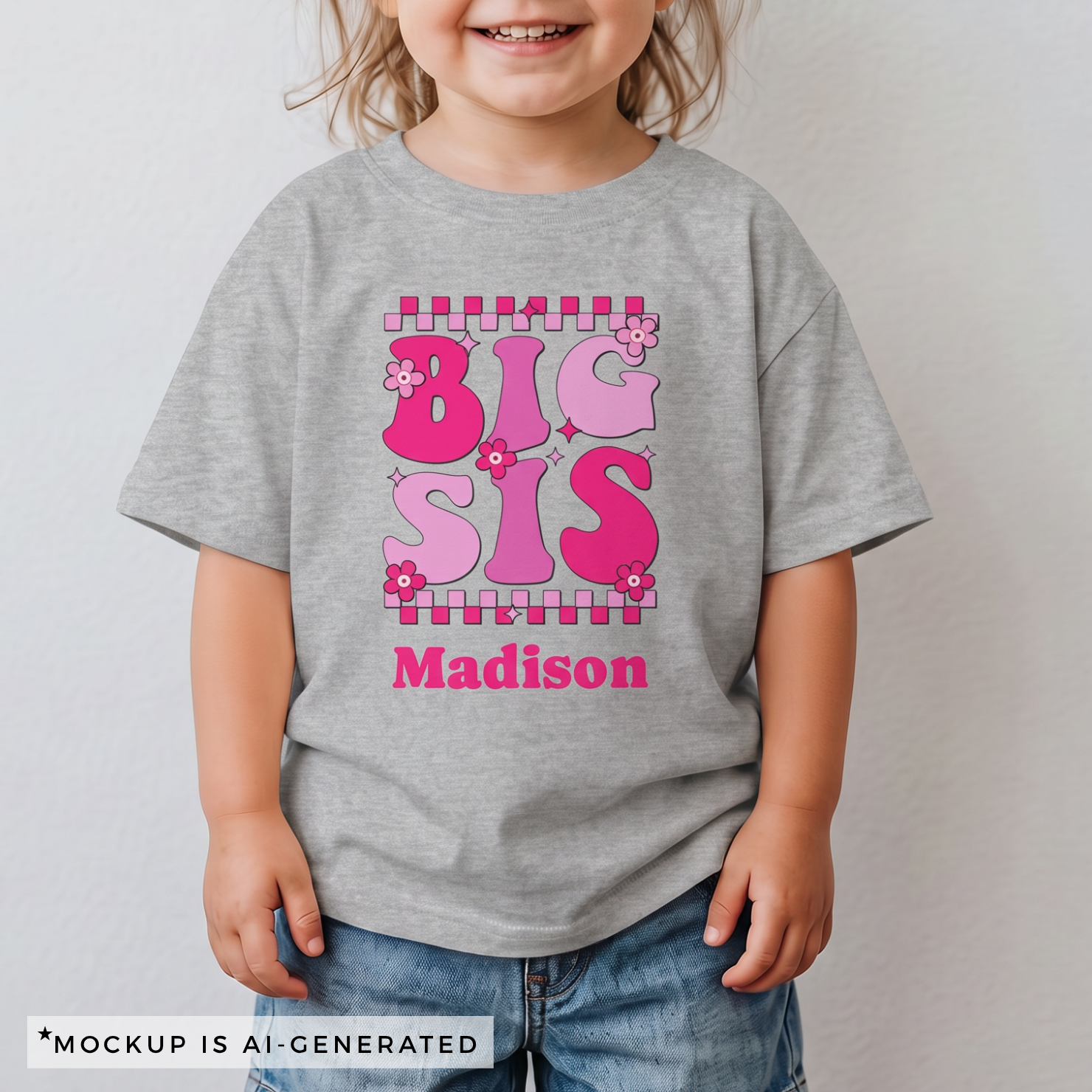 Big Sis retro shirt in light pink - bold groovy design with checkered border flowers and custom child name