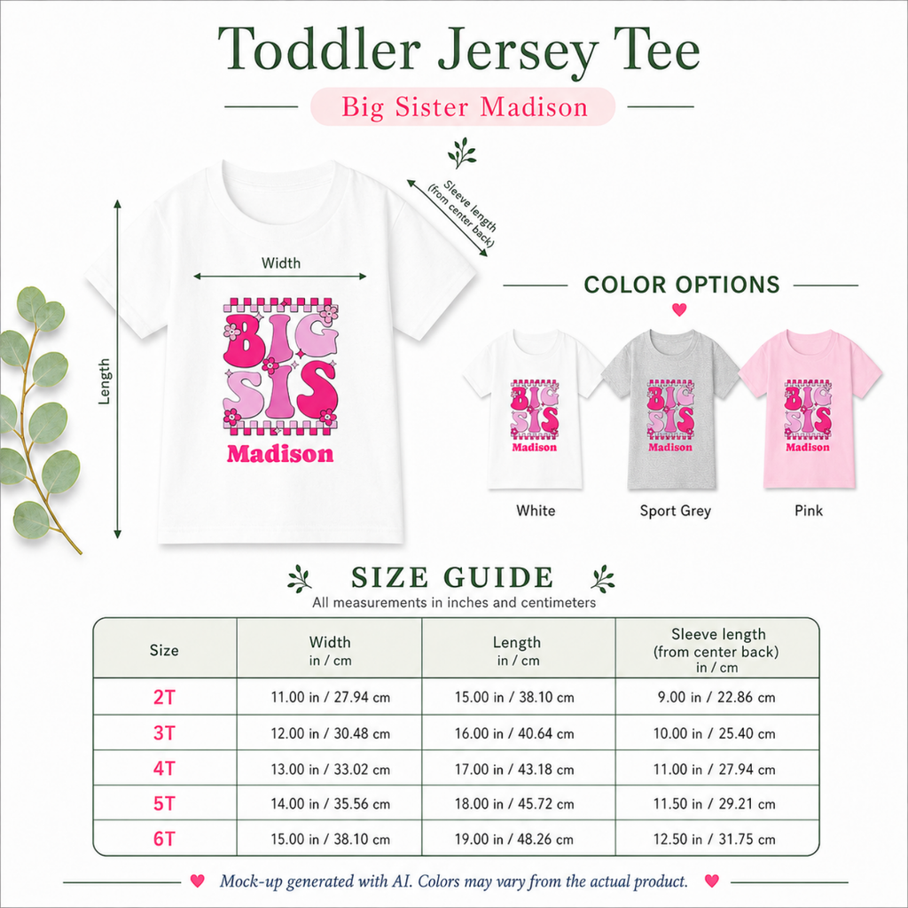 Big Sis retro personalized shirt size guide - available in 2T 3T 4T 5T and 6T in white sport grey and light pink