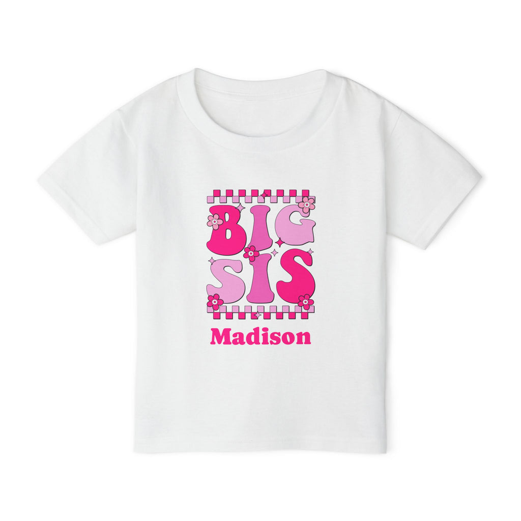 Big Sis retro groovy personalized shirt in white - bold hot pink checkered design with flowers sparkles and custom name on toddler t-shirt