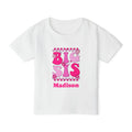 Big Sis retro groovy personalized shirt in white - bold hot pink checkered design with flowers sparkles and custom name on toddler t-shirt