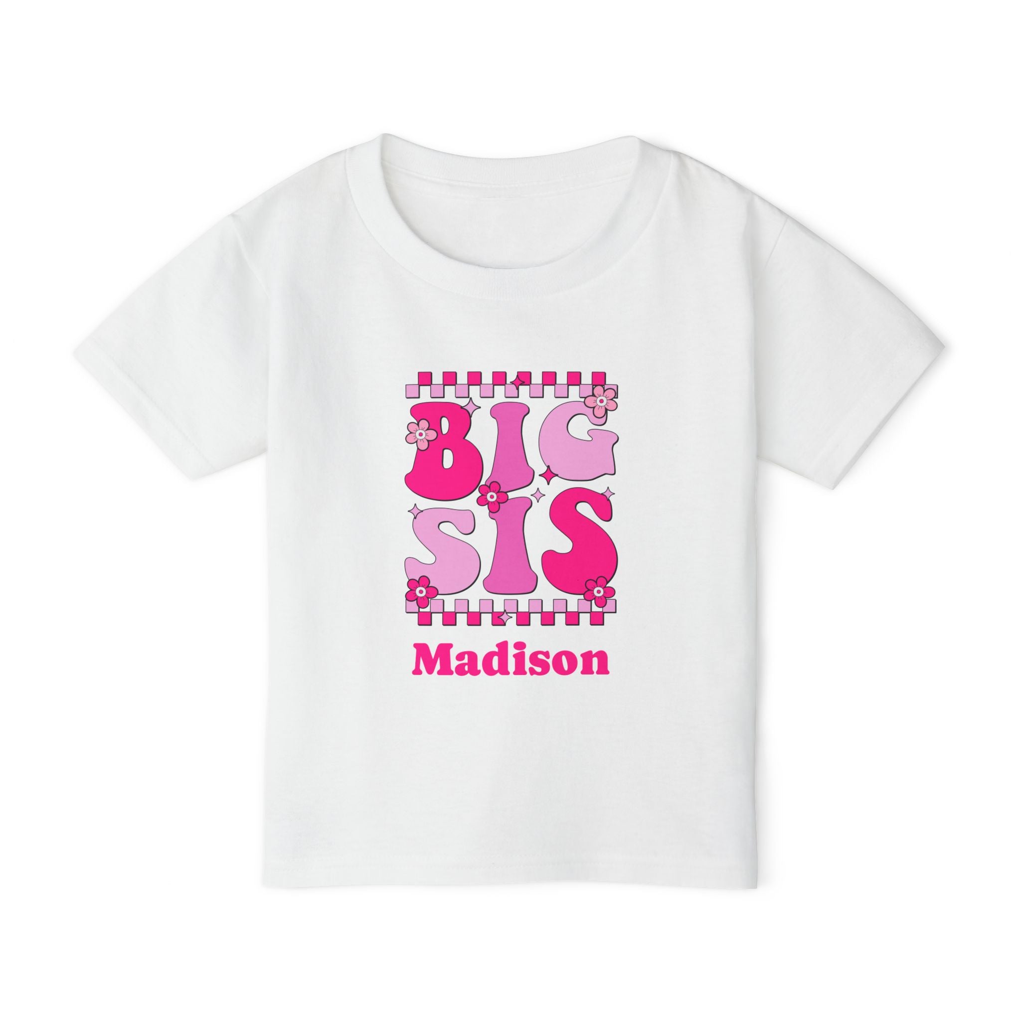 Big Sis retro groovy personalized shirt in white - bold hot pink checkered design with flowers sparkles and custom name on toddler t-shirt