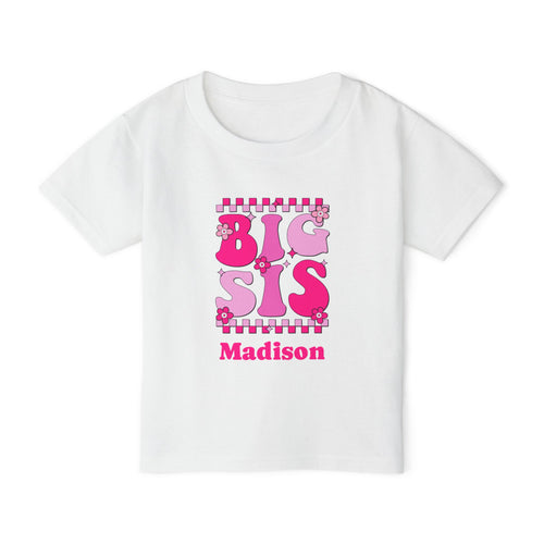Big Sis retro groovy personalized shirt in white - bold hot pink checkered design with flowers sparkles and custom name on toddler t-shirt
