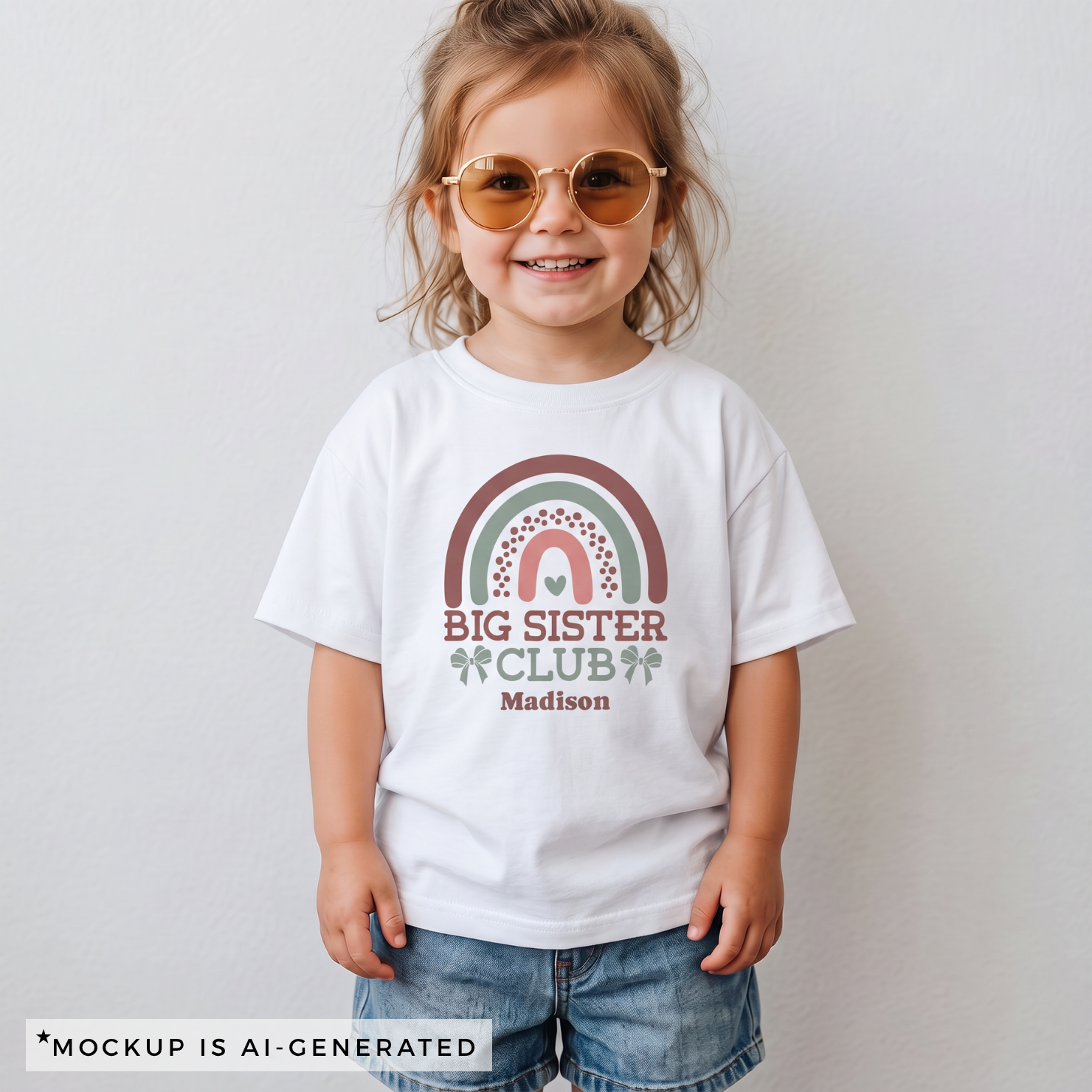 Close-up of Big Sister Club boho rainbow shirt design - mauve sage and blush rainbow with polka dots heart and sage green bow accents