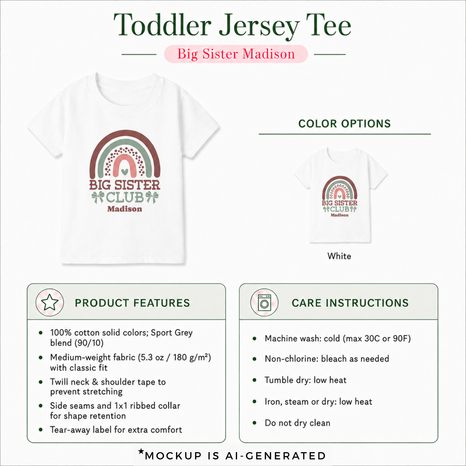 Personalized Big Sister Club boho toddler t-shirt detail - sweet earthy rainbow design pregnancy announcement gift with custom name