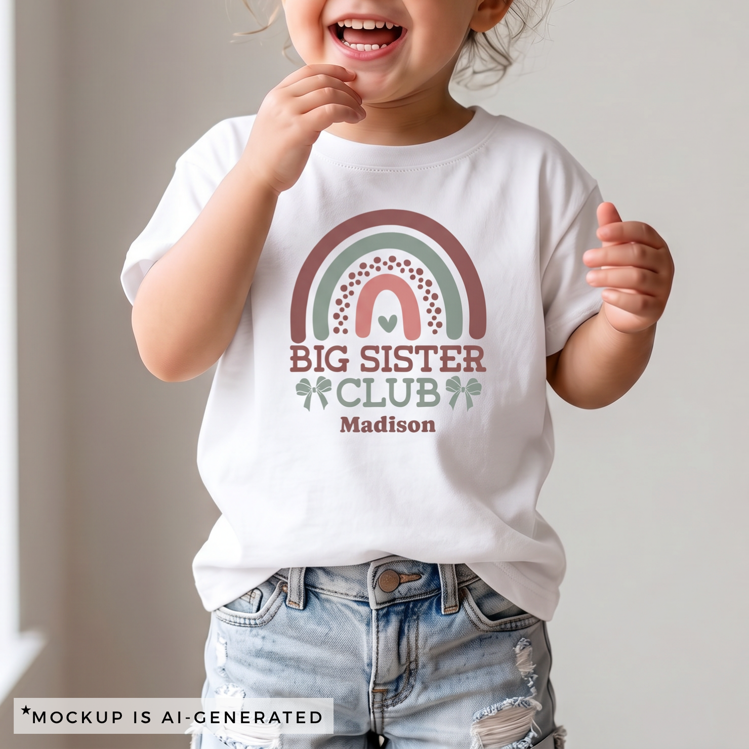 Big Sister Club boho shirt flat lay in white - earthy rainbow design with sage green bows and personalized name below