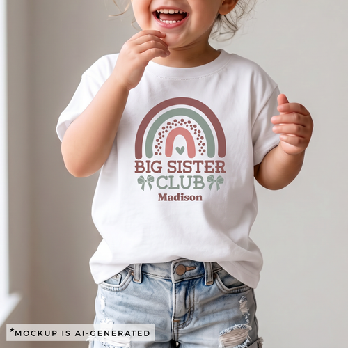 Big Sister Club boho shirt flat lay in white - earthy rainbow design with sage green bows and personalized name below