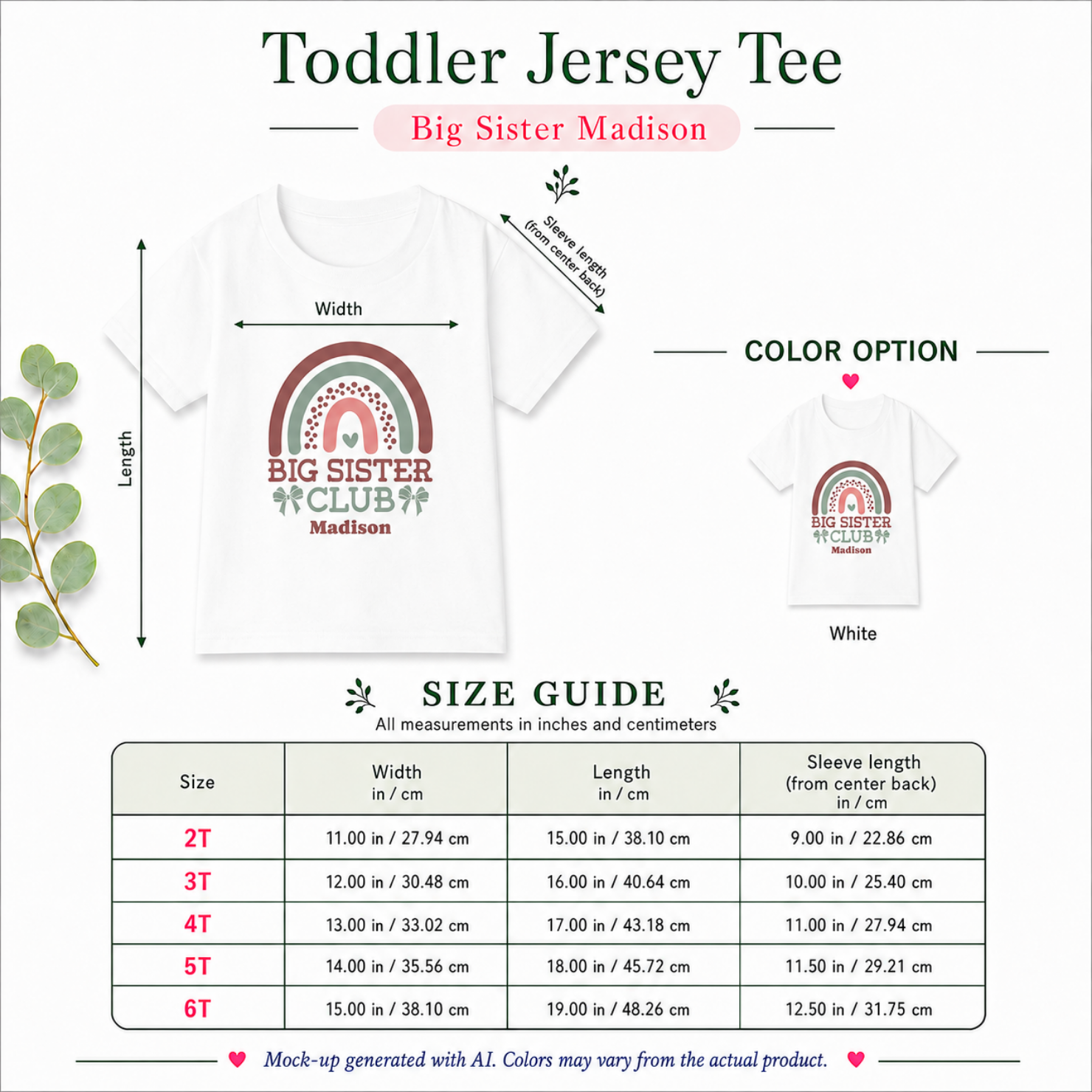 Big Sister Club personalized shirt size guide - available in 2T 3T 4T 5T and 6T in white