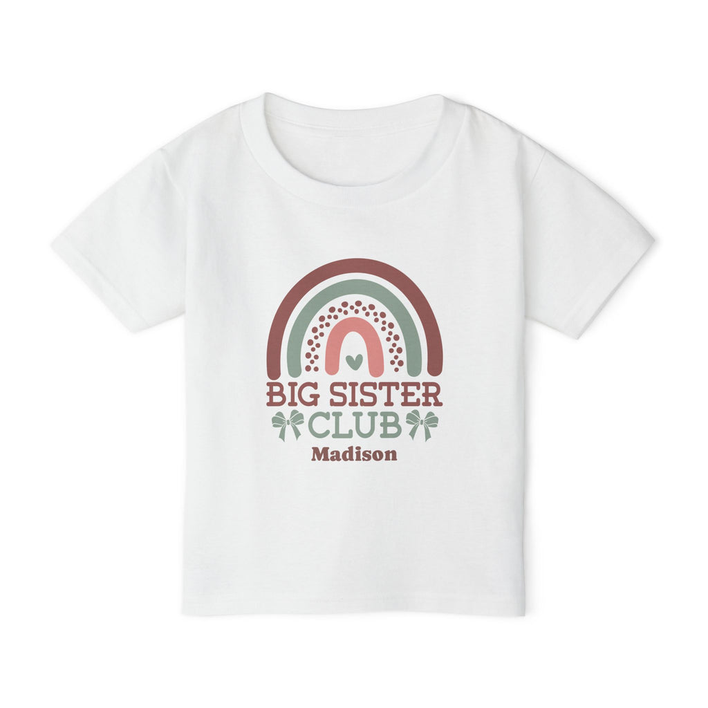 Big Sister Club boho rainbow personalized shirt in white - mauve sage green and blush rainbow with polka dots coquette bows and custom name on toddler t-shirt