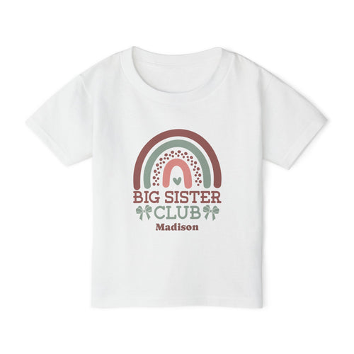 Big Sister Club boho rainbow personalized shirt in white - mauve sage green and blush rainbow with polka dots coquette bows and custom name on toddler t-shirt