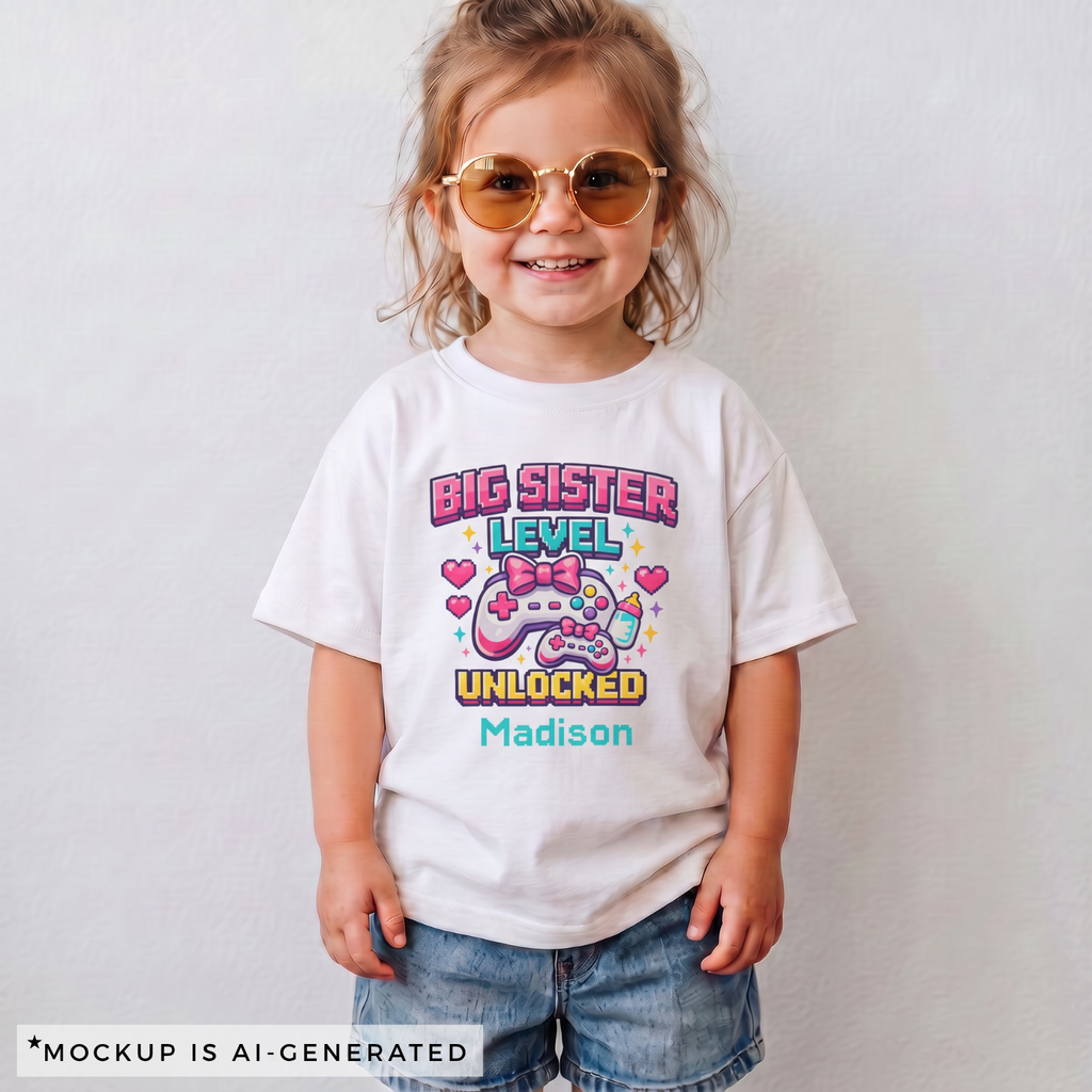 Close-up of Big Sister Level Unlocked shirt design - cute game controller with bows baby bottle pixel hearts and sparkles