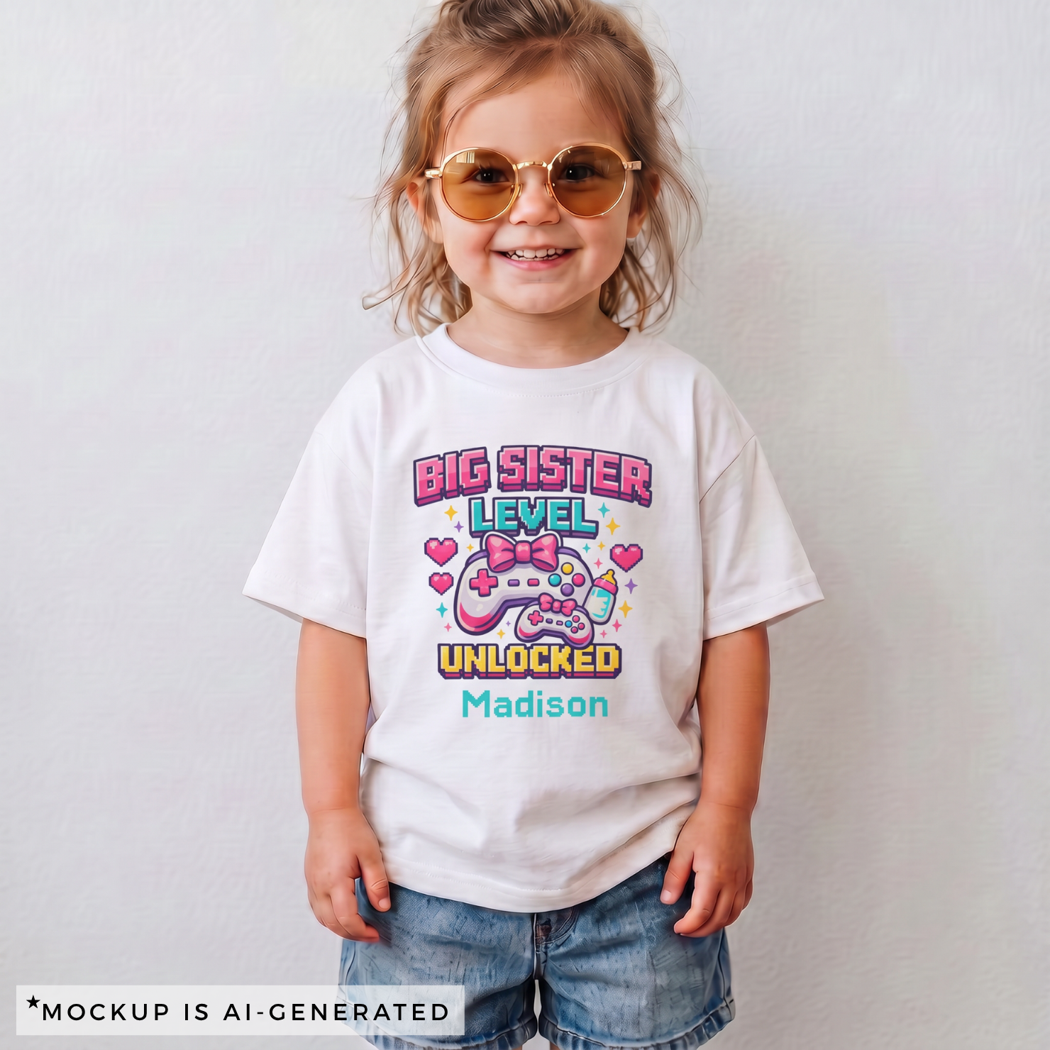 Close-up of Big Sister Level Unlocked shirt design - cute game controller with bows baby bottle pixel hearts and sparkles