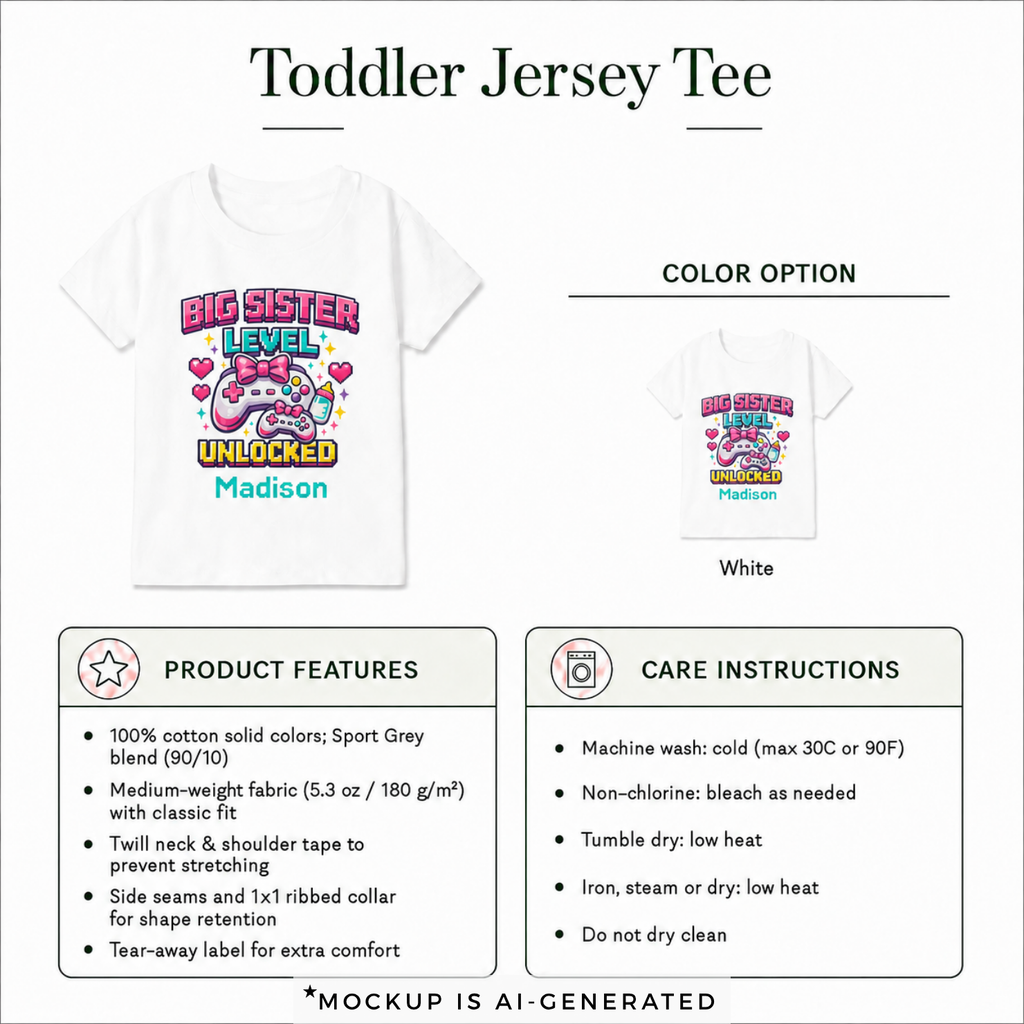 Big Sister Level Unlocked toddler shirt detail - personalized gaming sibling reveal gift for daughter of gamer family