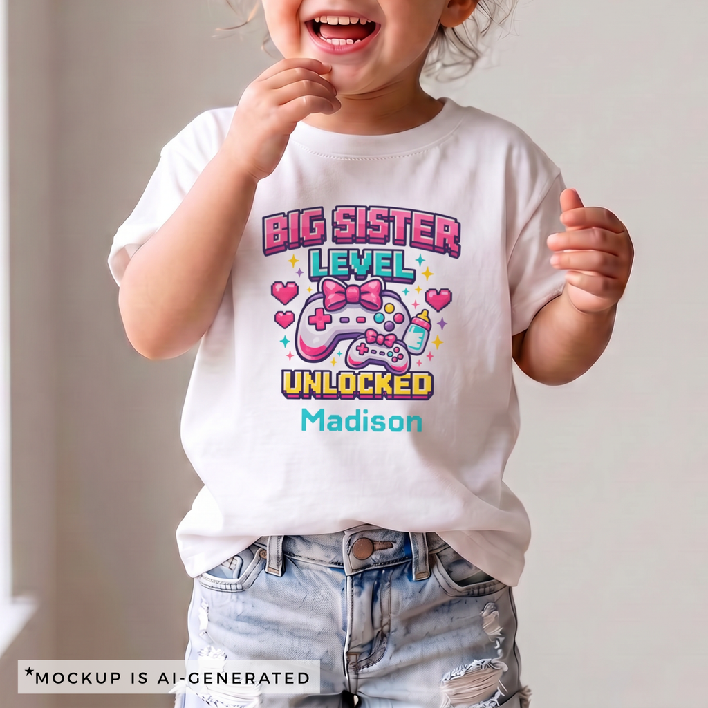 Big Sister Level Unlocked shirt flat lay in white - gaming pixel art design with pink yellow teal colors and personalized name