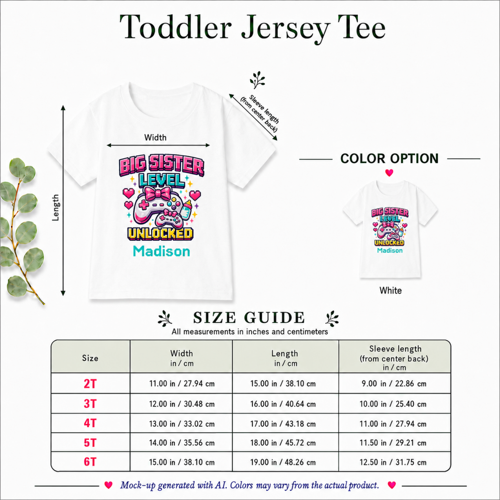 Big Sister Level Unlocked personalized shirt size guide - available in 2T 3T 4T 5T and 6T in white