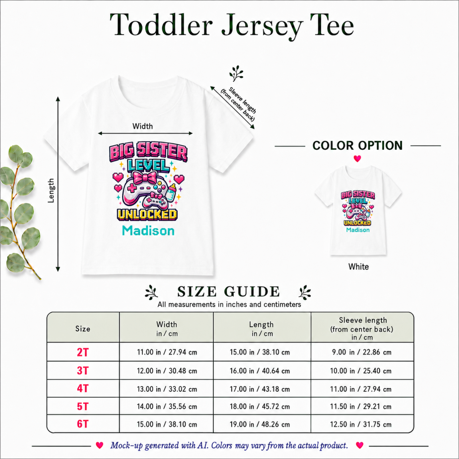 Big Sister Level Unlocked personalized shirt size guide - available in 2T 3T 4T 5T and 6T in white