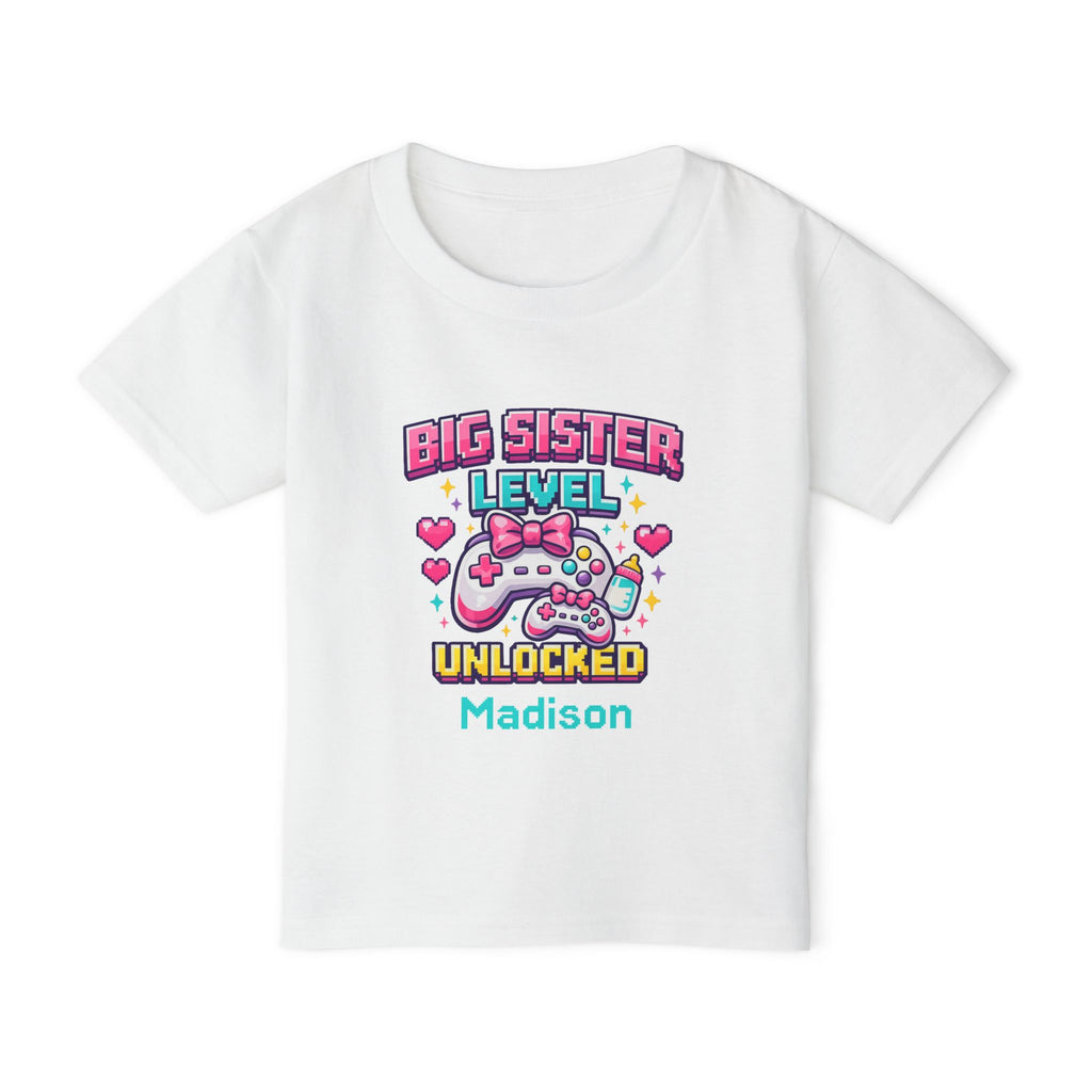 Big Sister Level Unlocked personalized shirt in white - pixel gaming design with cute controller bows baby bottle pixel hearts sparkles and custom name in teal