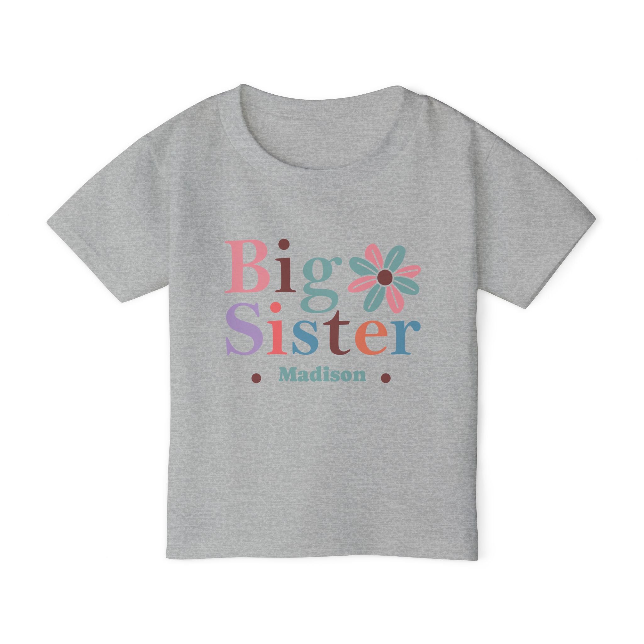 Close-up of Big Sister boho daisy shirt design - mixed font pink purple teal orange letters with retro daisy accent and personalized name