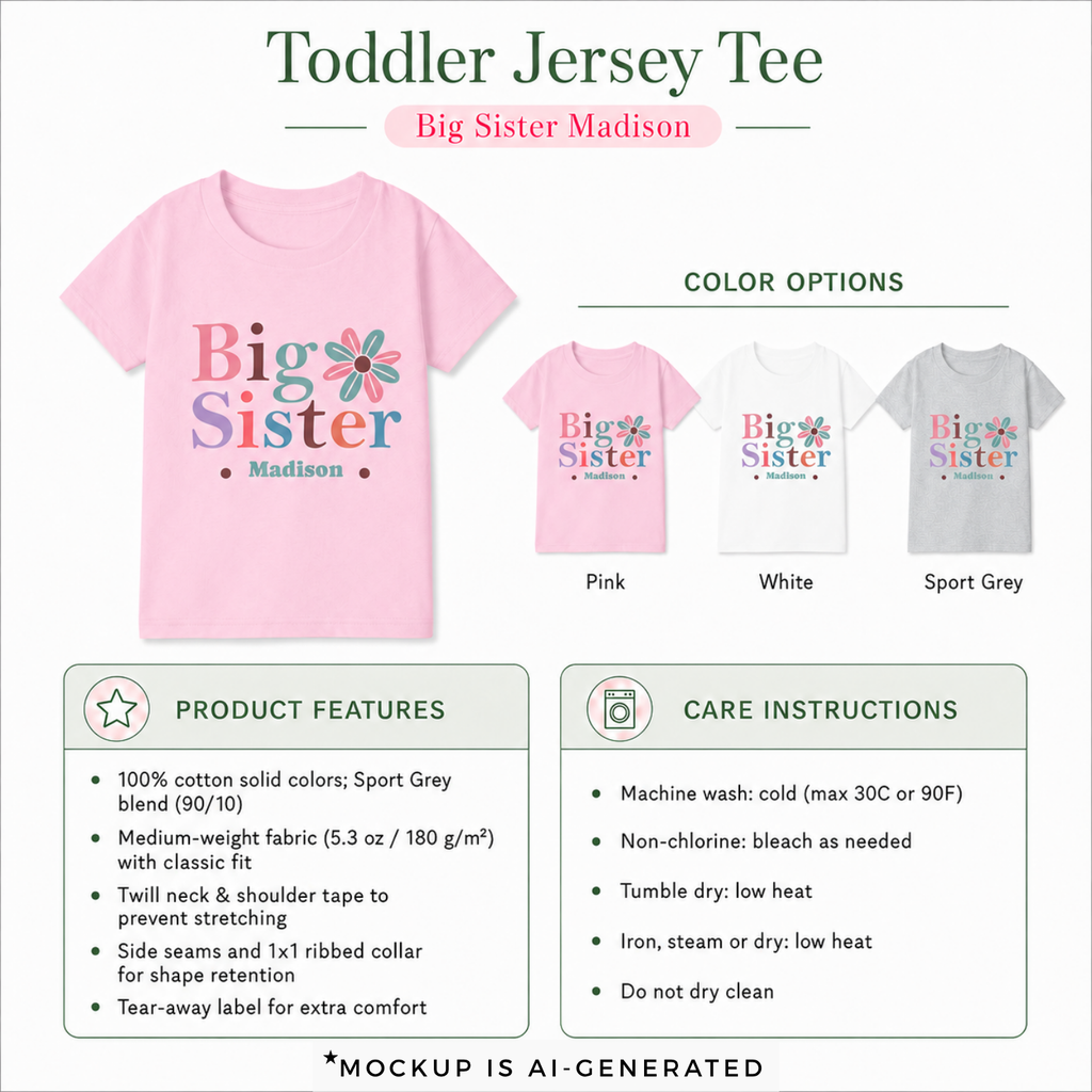 Personalized Big Sister boho daisy toddler t-shirt detail - sweet colorful design pregnancy announcement gift with custom name