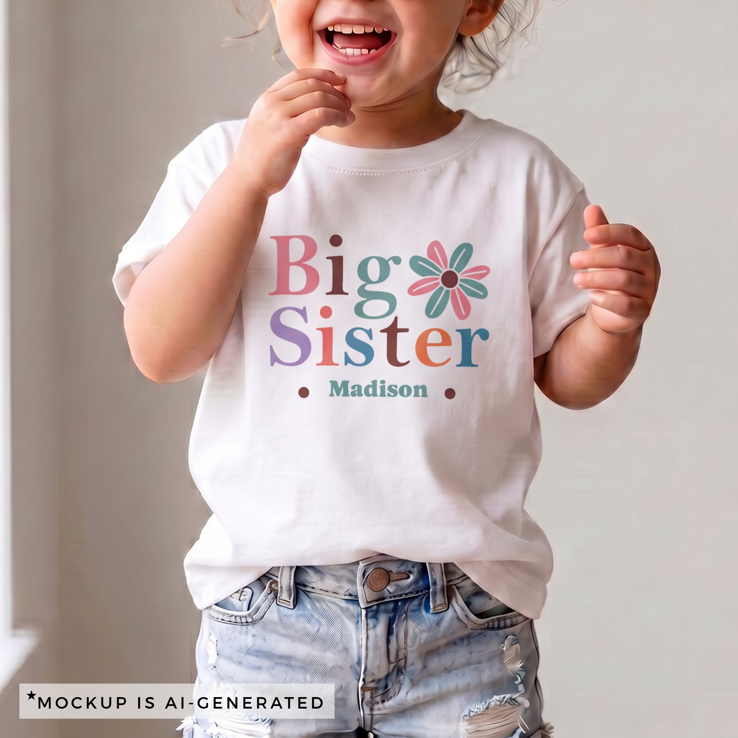 Big Sister boho daisy shirt flat lay in white - mixed font colorful design with retro daisy and personalized name below
