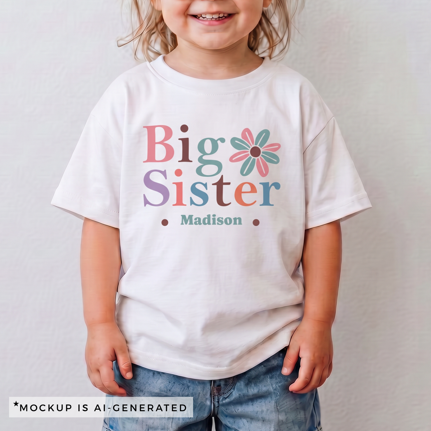 Big Sister boho shirt in light pink - mixed color typography with retro daisy and custom child name