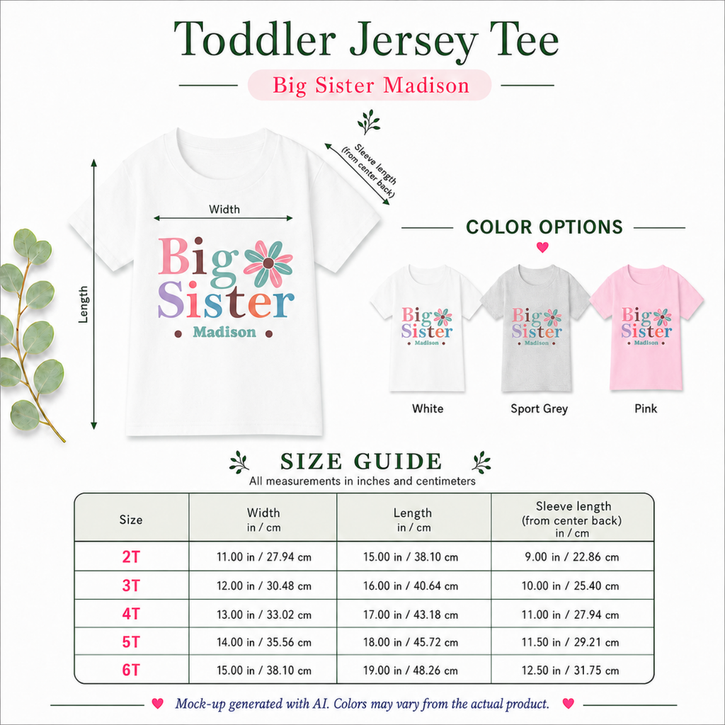 Big Sister boho personalized shirt size guide - available in 2T 3T 4T 5T and 6T in white sport grey and light pink