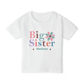Big Sister boho daisy personalized shirt in white - mixed color typography in pink purple teal and orange with retro daisy and custom name on toddler t-shirt