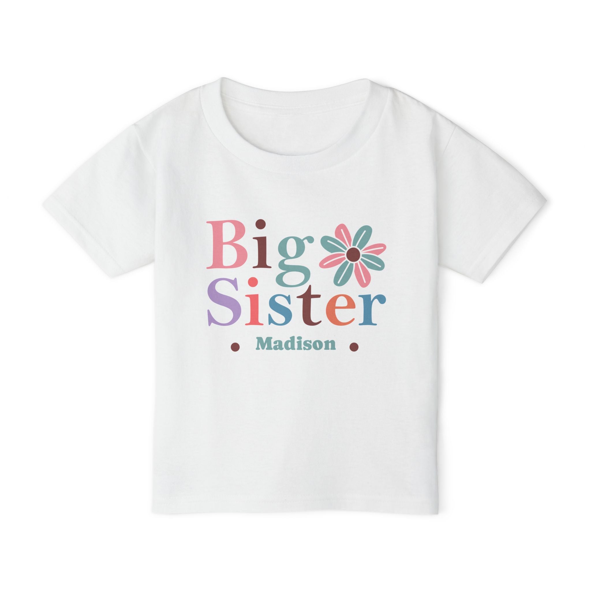 Big Sister boho daisy personalized shirt in white - mixed color typography in pink purple teal and orange with retro daisy and custom name on toddler t-shirt