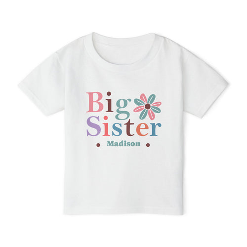 Big Sister boho daisy personalized shirt in white - mixed color typography in pink purple teal and orange with retro daisy and custom name on toddler t-shirt
