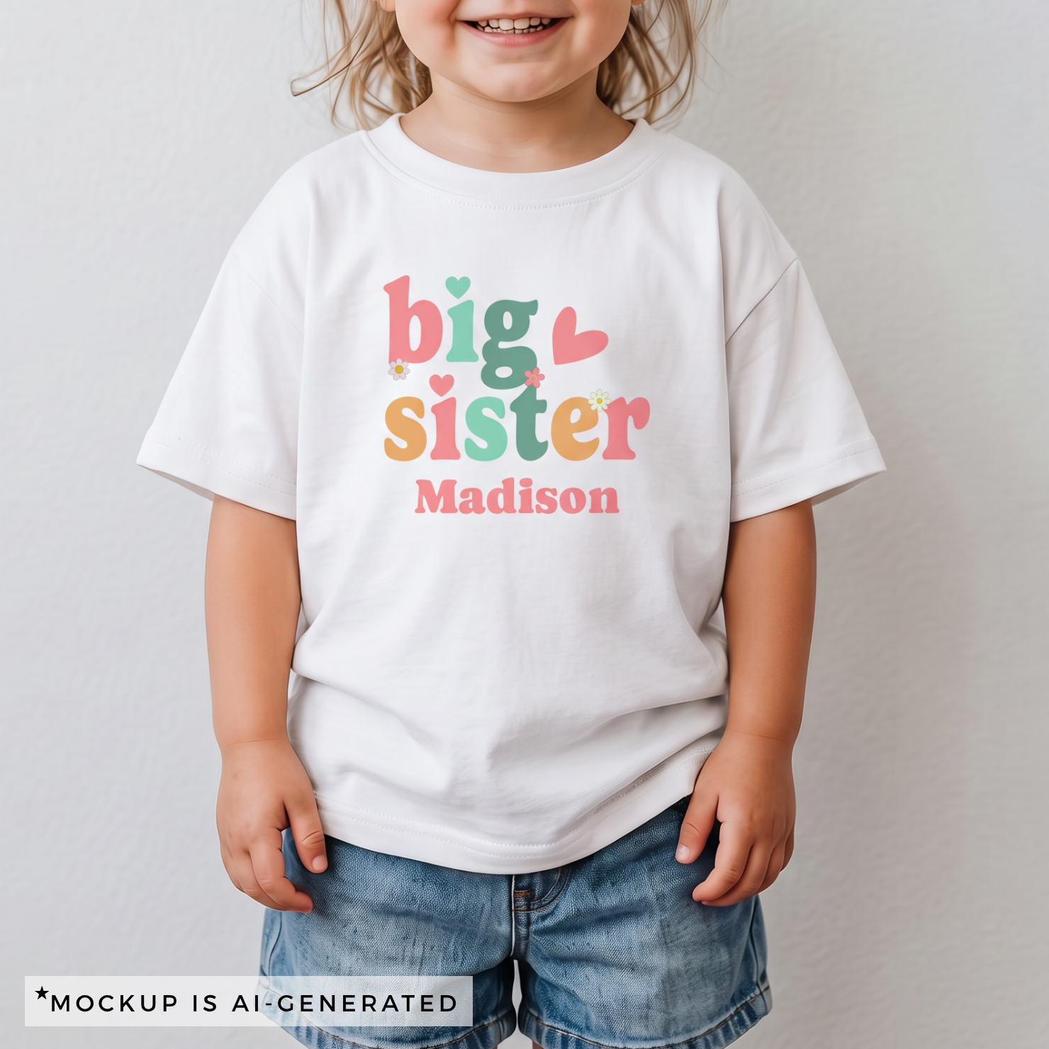 Close-up of Big Sister colorful retro shirt design - playful coral pink mint green and orange typography with hearts and daisy accents