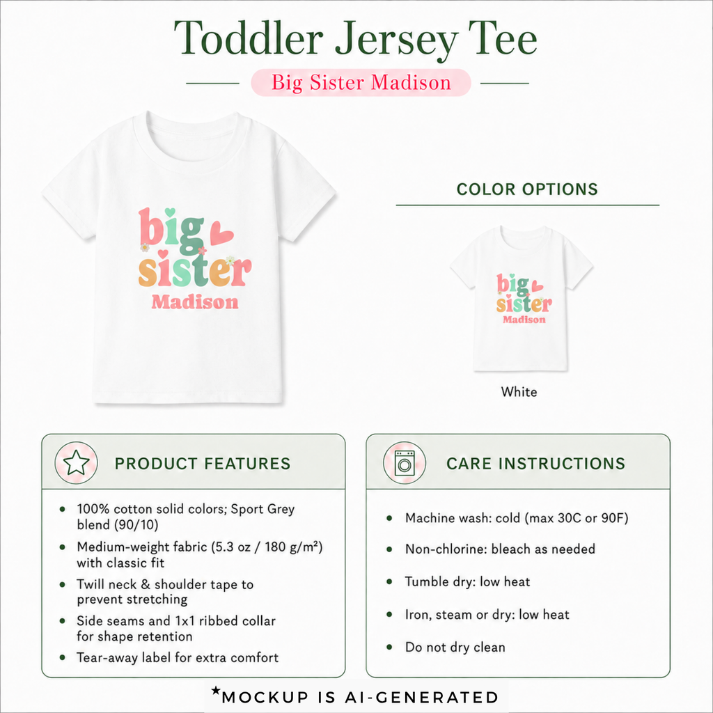 Personalized Big Sister colorful retro toddler t-shirt detail - sweet multicolor design pregnancy announcement or sibling reveal gift