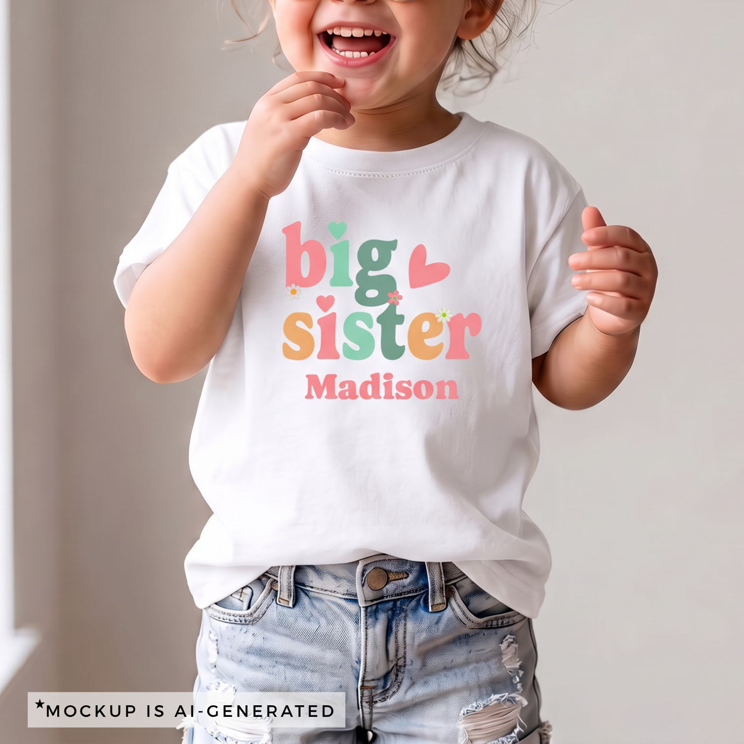 Big Sister colorful retro shirt flat lay in white - coral mint and orange letters with hearts daisies and personalized name
