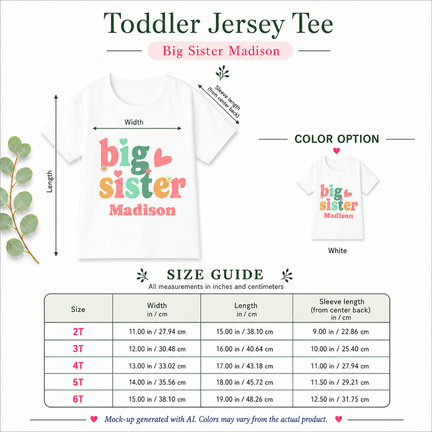 Big Sister colorful personalized shirt size guide - available in 2T 3T 4T 5T and 6T in white