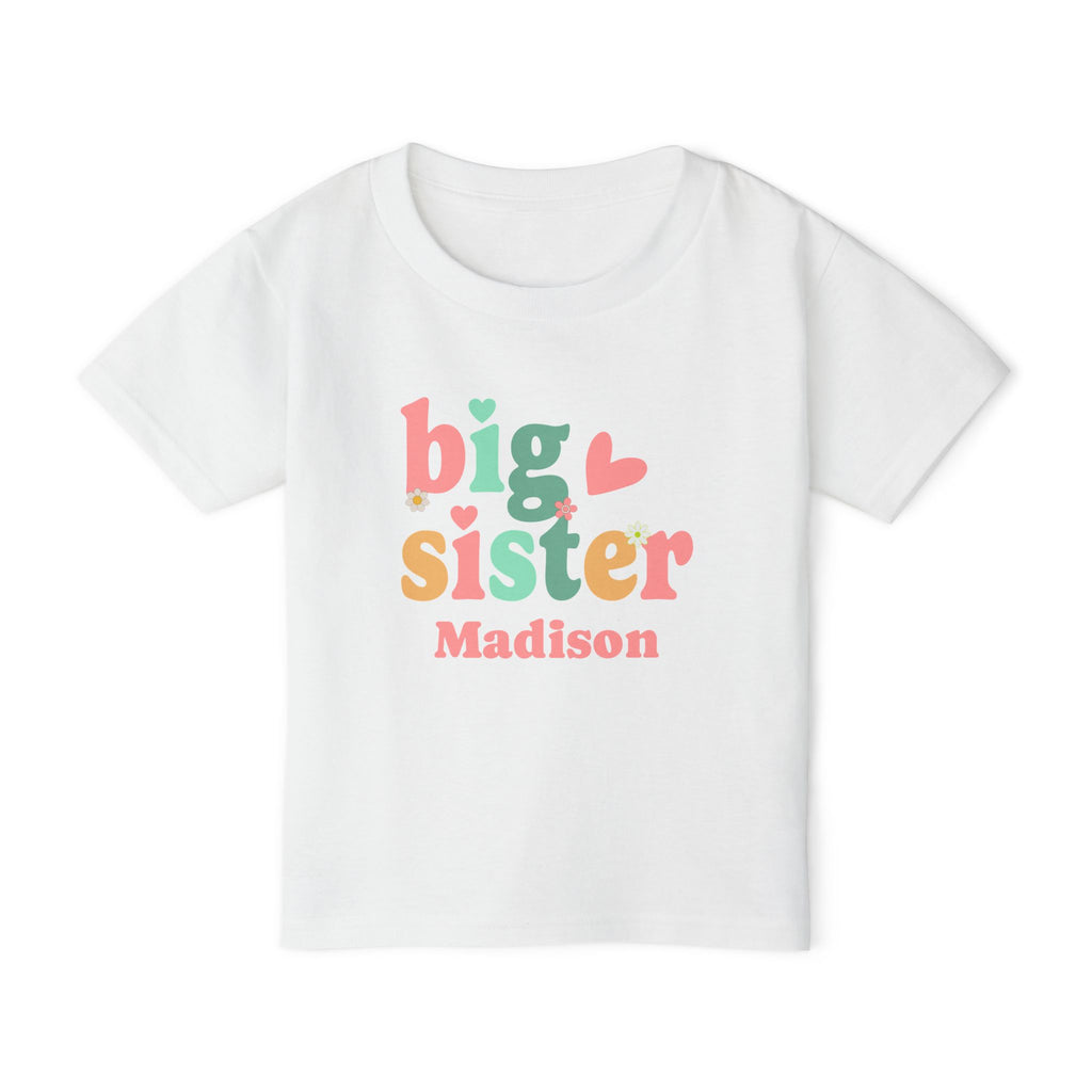 Big Sister colorful retro personalized shirt in white - coral pink mint green and orange design with hearts daisies and custom name on toddler t-shirt