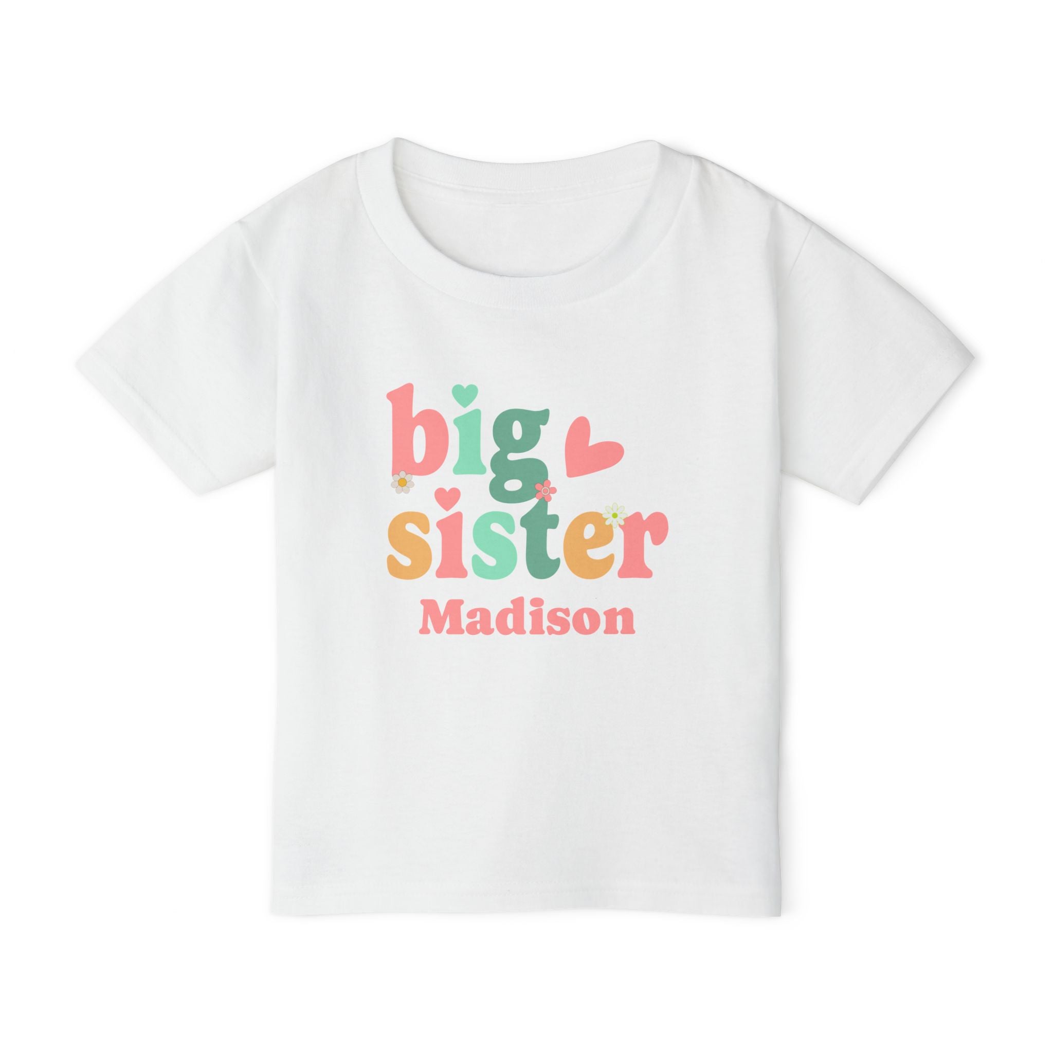 Big Sister colorful retro personalized shirt in white - coral pink mint green and orange design with hearts daisies and custom name on toddler t-shirt